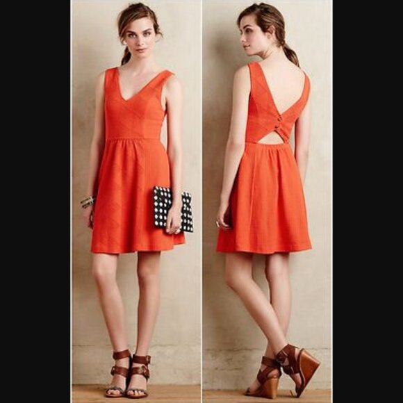 Anthropologie Maeve Dress Womens 8 Orange Textured Pockets V Neck Boho Summer - Picture 1 of 15